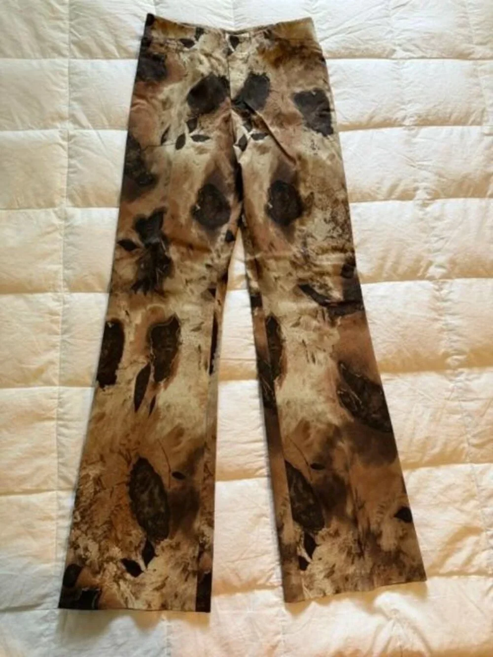Brown Tone Swirling Leaves Design on 'Cache' Slight Flare Leg Tan Slacks/Size 10 - Picture 3 of 6